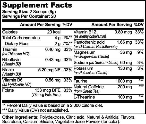 Supplement Facts panel for Energy Powder (Yuzu Flavor), listing serving size, servings per container and the full ingredient list