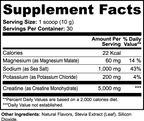 Supplement Facts panel for Creatine Hydration Powder, listing serving size, servings per container and the full ingredient list