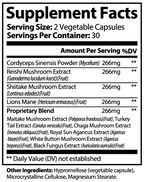 Supplement Facts panel for Mushroom Complex 10 X, listing serving size, servings per container and the full ingredient list