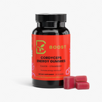 Cordyceps Energy Gummies jar with a few gummies beside it