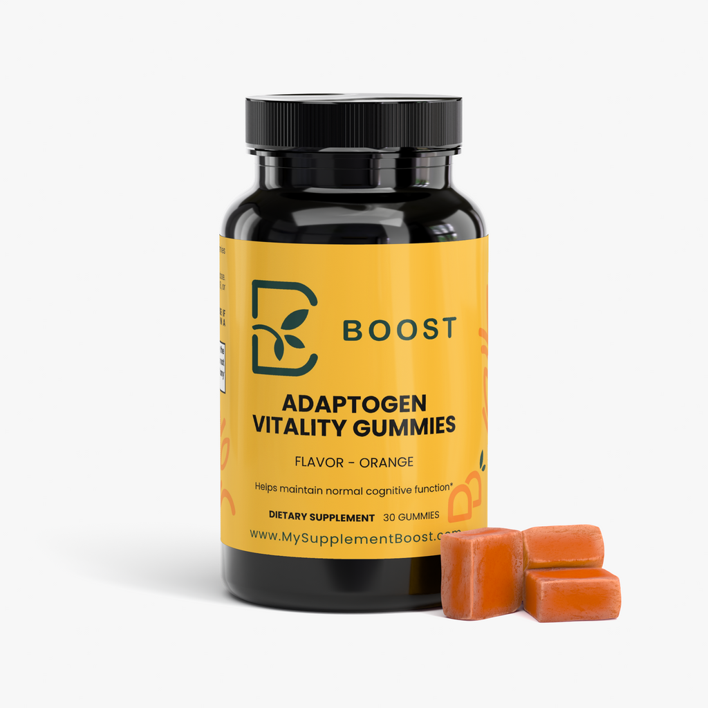 Adaptogen Vitality Gummies jar with a few gummies beside it