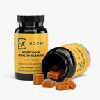 Adaptogen Vitality Gummies jar tipped open with the gummies spilling out