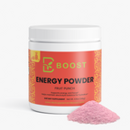 Energy Powder (Fruit Punch) tub beside a mound of the loose powder