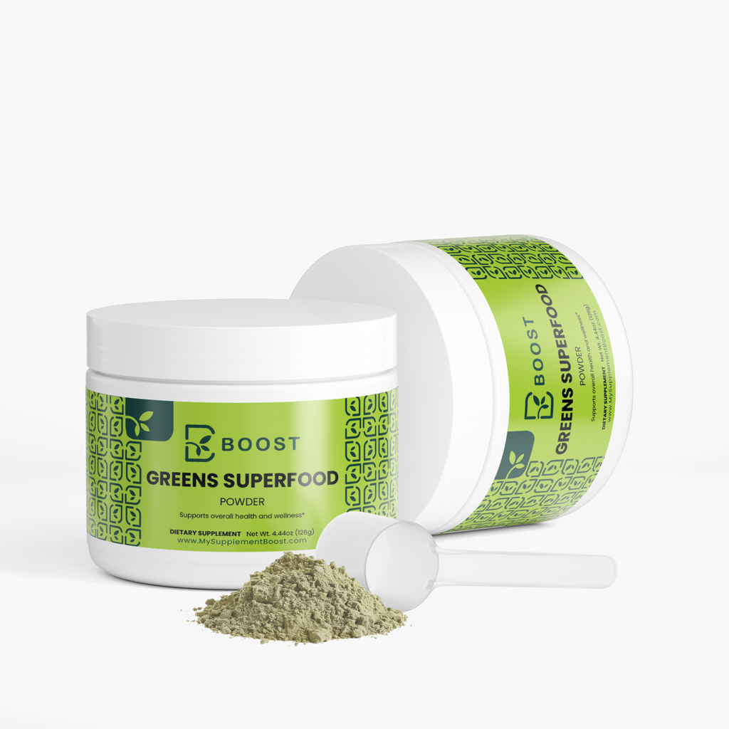Greens Superfood tub tipped open with the powder spilling out