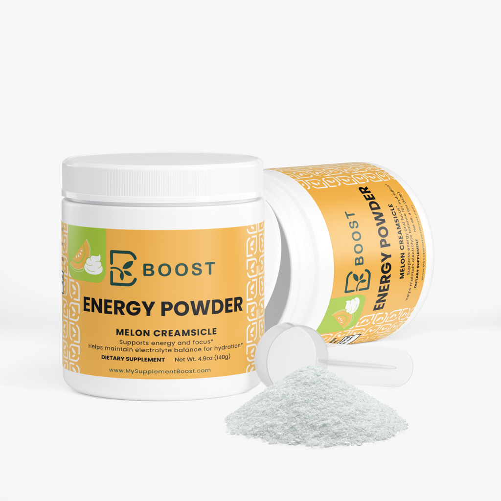 Energy Powder (Melon Creamsicle) tub tipped open with the powder spilling out