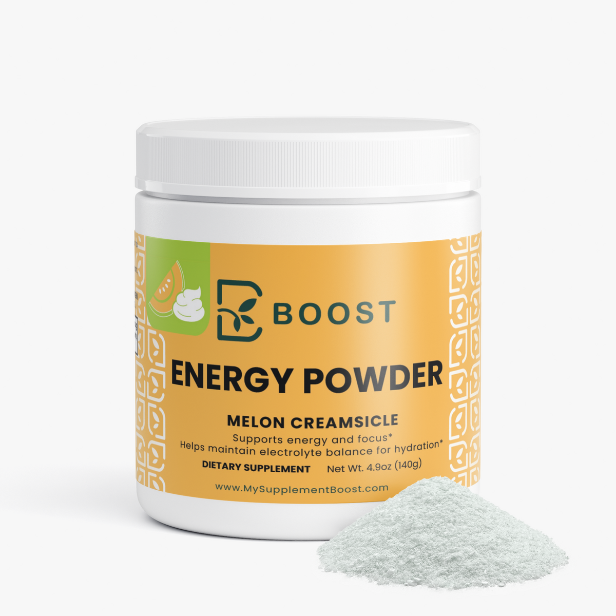 Energy Powder (Melon Creamsicle) tub beside a mound of the loose powder