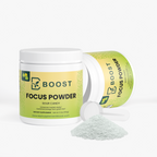 Focus Powder (Sour Candy) tub tipped open with the powder spilling out