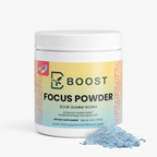 Focus Powder (Sour Gummi Worm) tub beside a mound of the loose powder