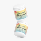 Several Focus Powder (Sour Gummi Worm) tubs stacked at angles on a plain background