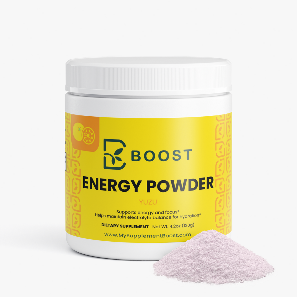 Energy Powder (Yuzu Flavor) tub beside a mound of the loose powder