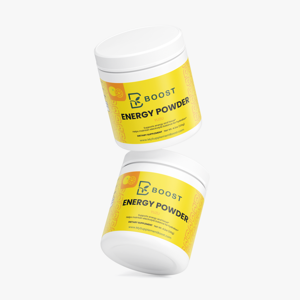 Several Energy Powder (Yuzu Flavor) tubs stacked at angles on a plain background