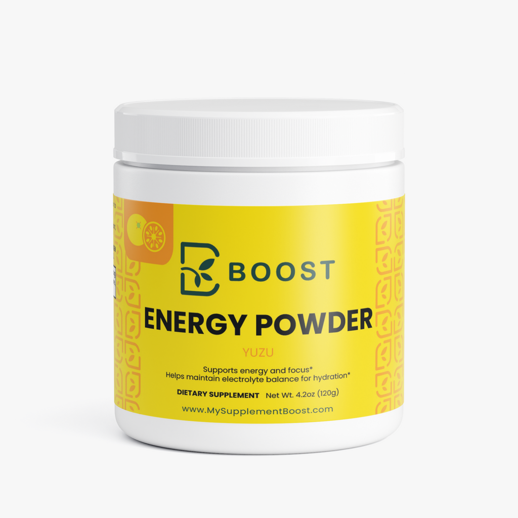 Energy Powder (Yuzu Flavor) by My Supplement Boost, 4.23 oz, front of the tub