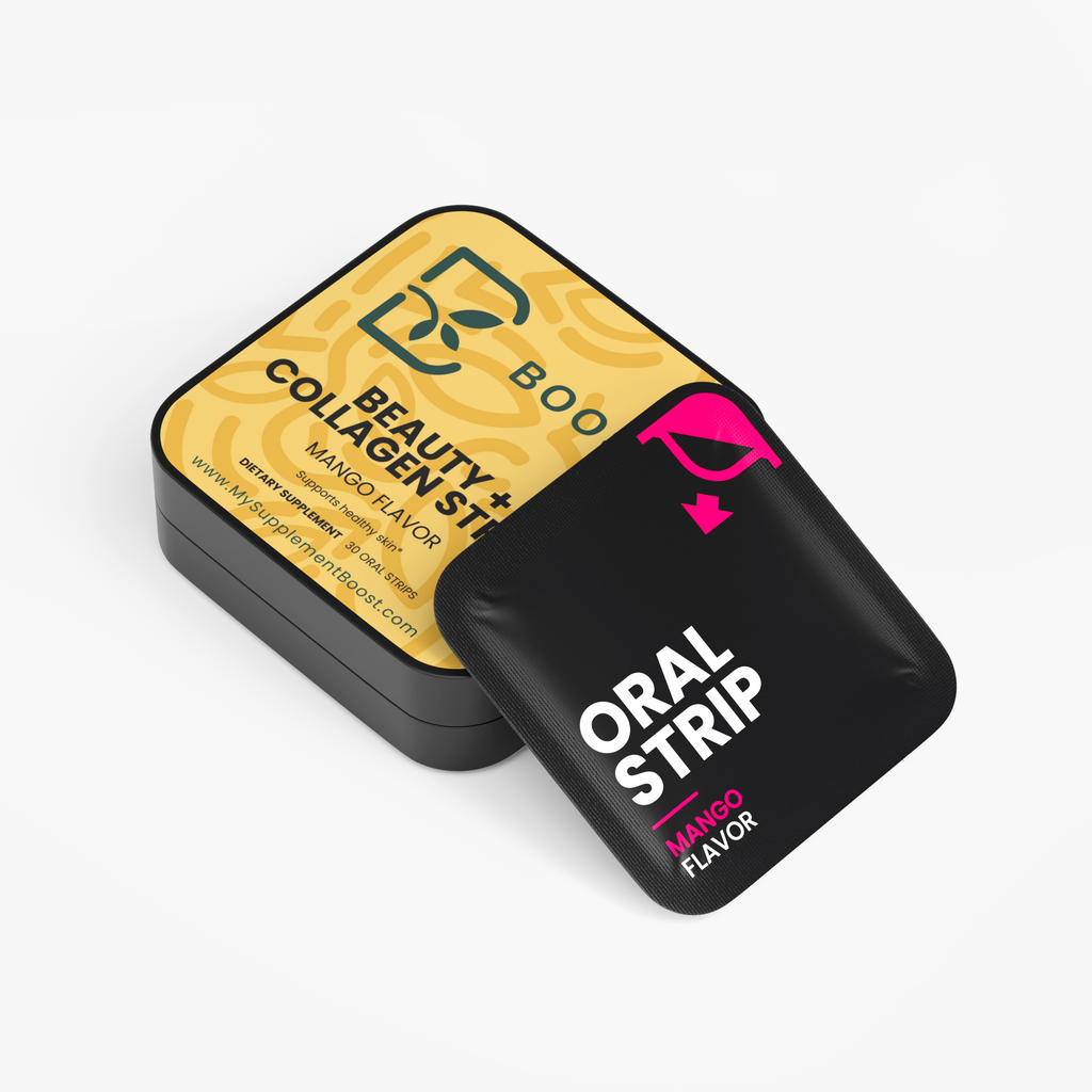 Beauty + Collagen Strips tin with a few oral strip sachets beside it