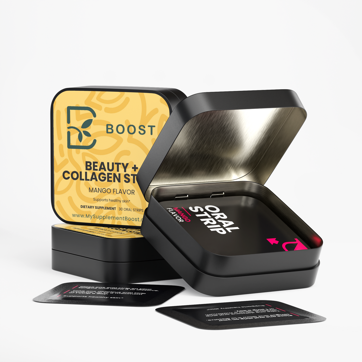 Beauty + Collagen Strips tin opened, showing the individually wrapped strips inside