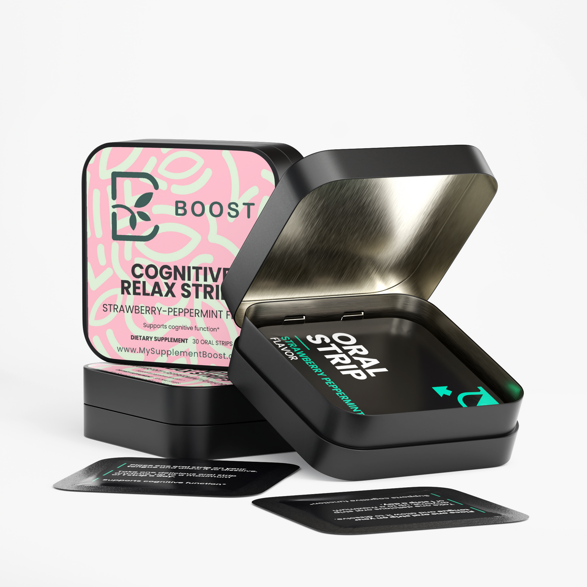 Cognitive Relax Strips tin opened, showing the individually wrapped strips inside