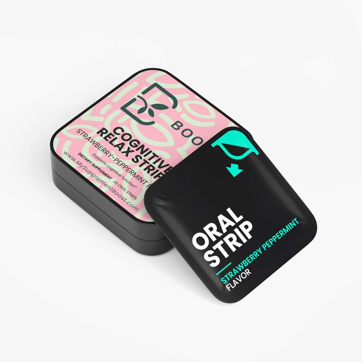 Cognitive Relax Strips tin with a few oral strip sachets beside it