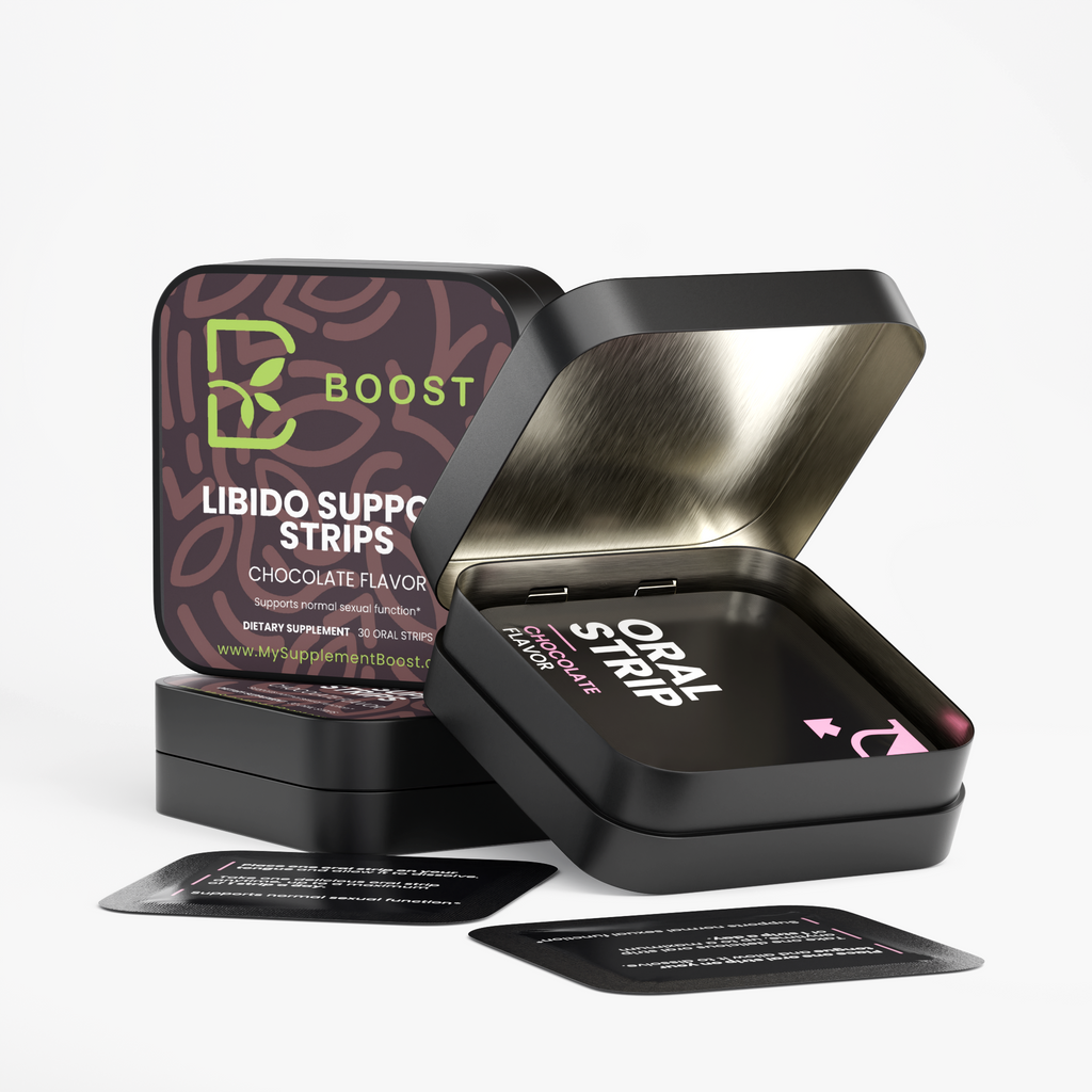 Libido Support Strips tin opened, showing the individually wrapped strips inside
