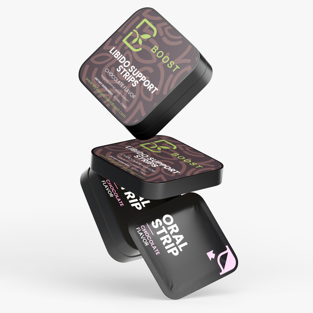 Several Libido Support Strips tins stacked at angles on a plain background