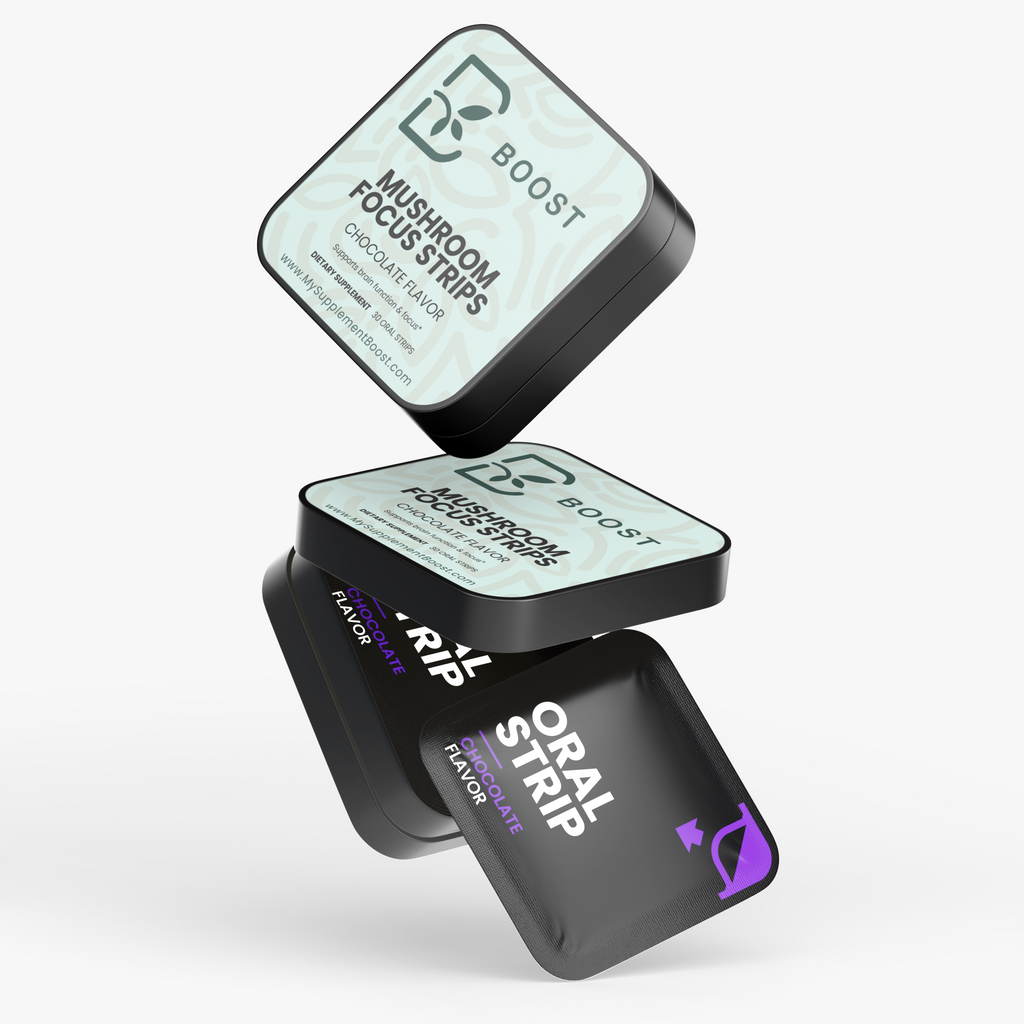 Several Mushroom Focus Strips tins stacked at angles on a plain background