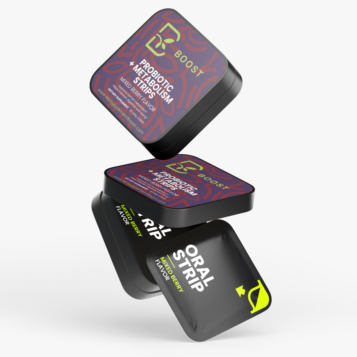 Several Probiotic + Metabolism Strips tins stacked at angles on a plain background