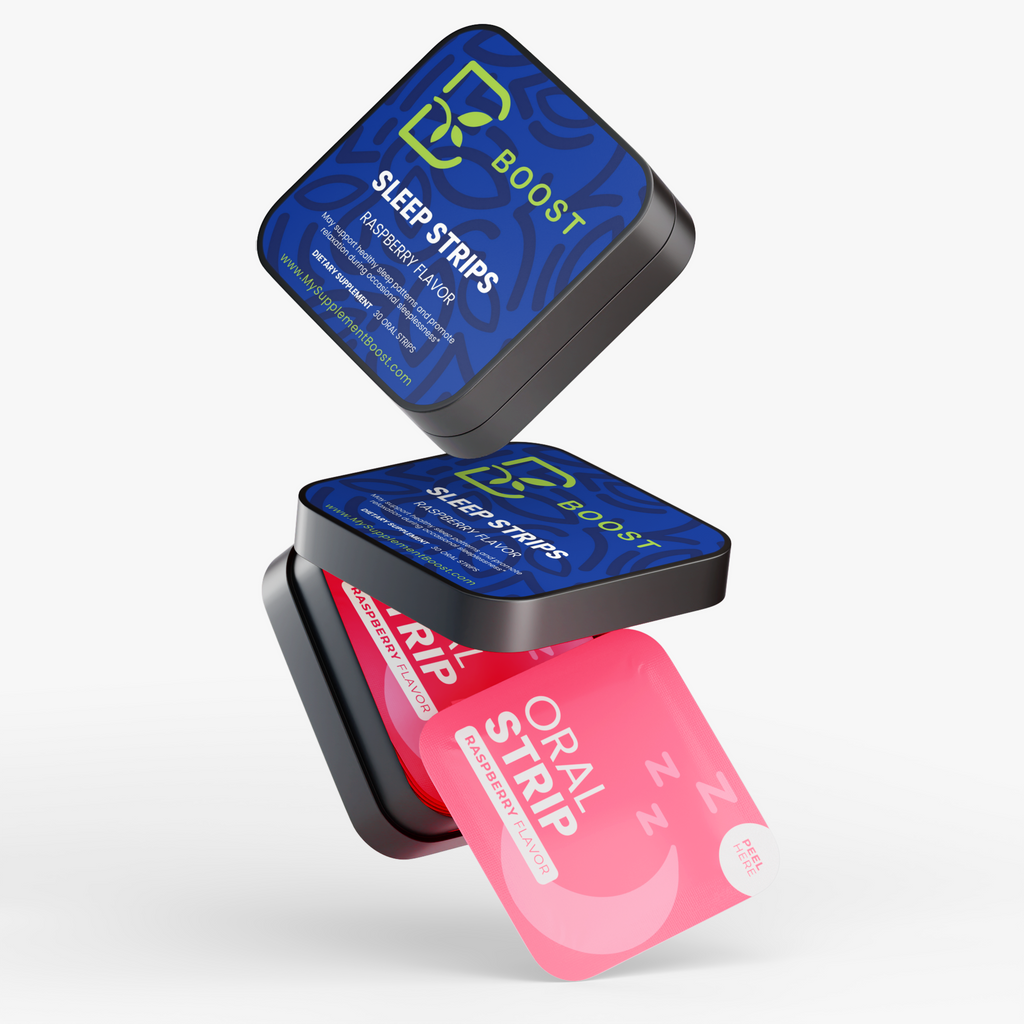 Several Sleep Strips tins stacked at angles on a plain background