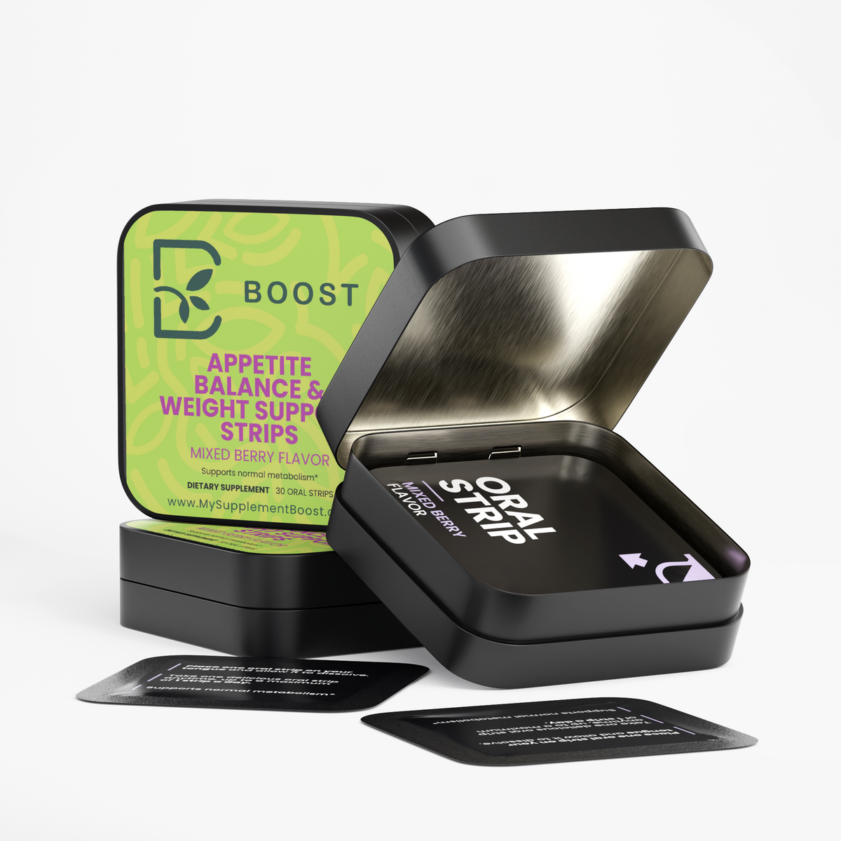 Appetite Balance & Weight Support Strips tin opened, showing the individually wrapped strips inside