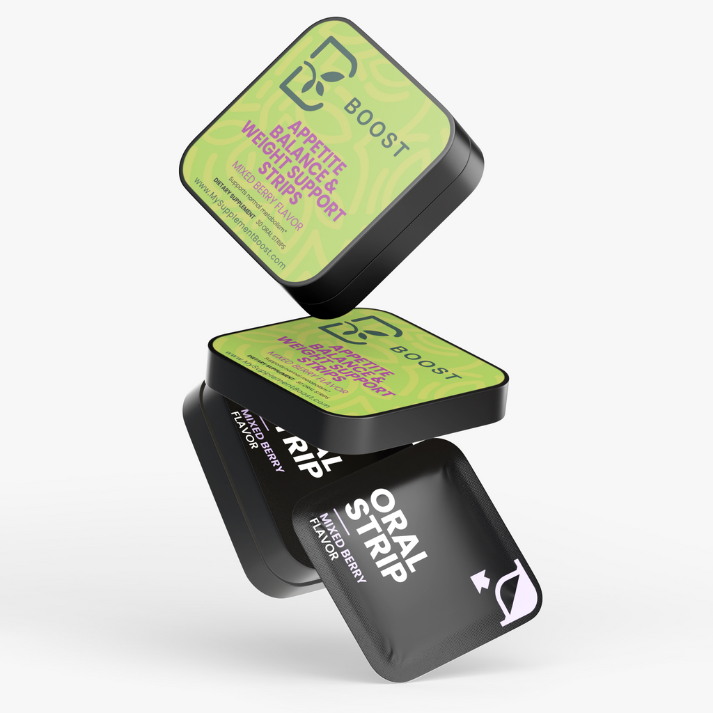 Several Appetite Balance & Weight Support Strips tins stacked at angles on a plain background