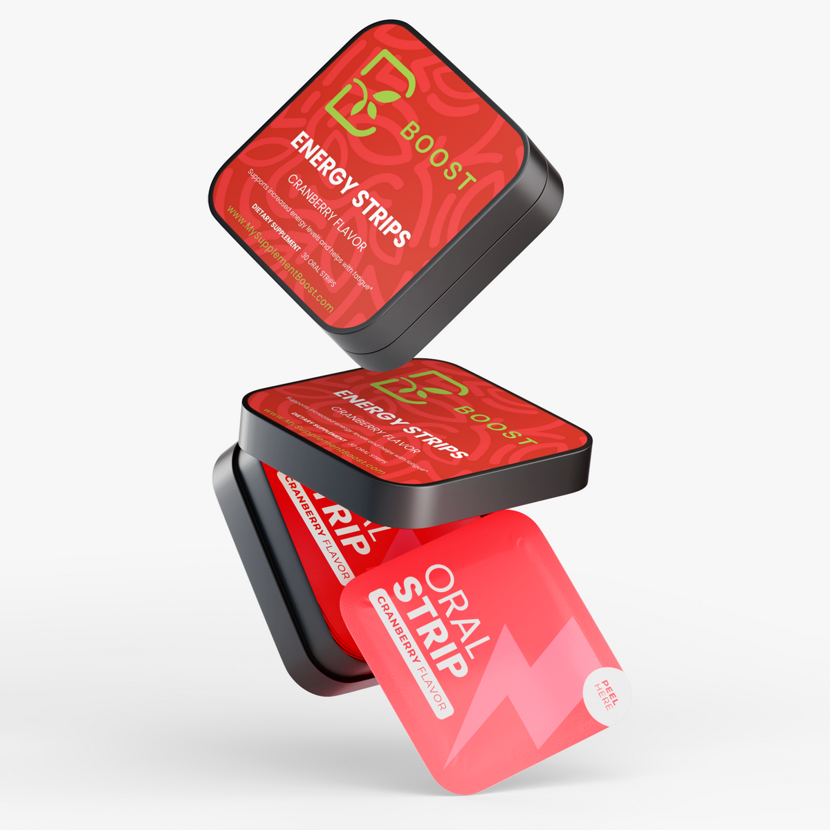 Several Energy Strips tins stacked at angles on a plain background