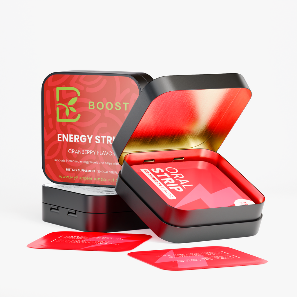 Energy Strips tin opened, showing the individually wrapped strips inside