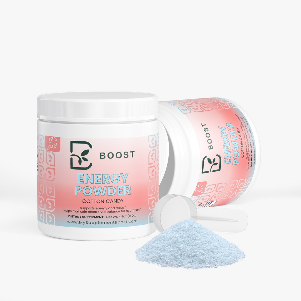 Energy Powder (Cotton Candy) tub tipped open with the powder spilling out