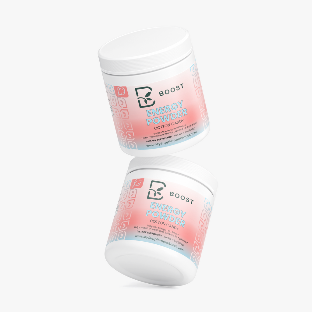 Several Energy Powder (Cotton Candy) tubs stacked at angles on a plain background