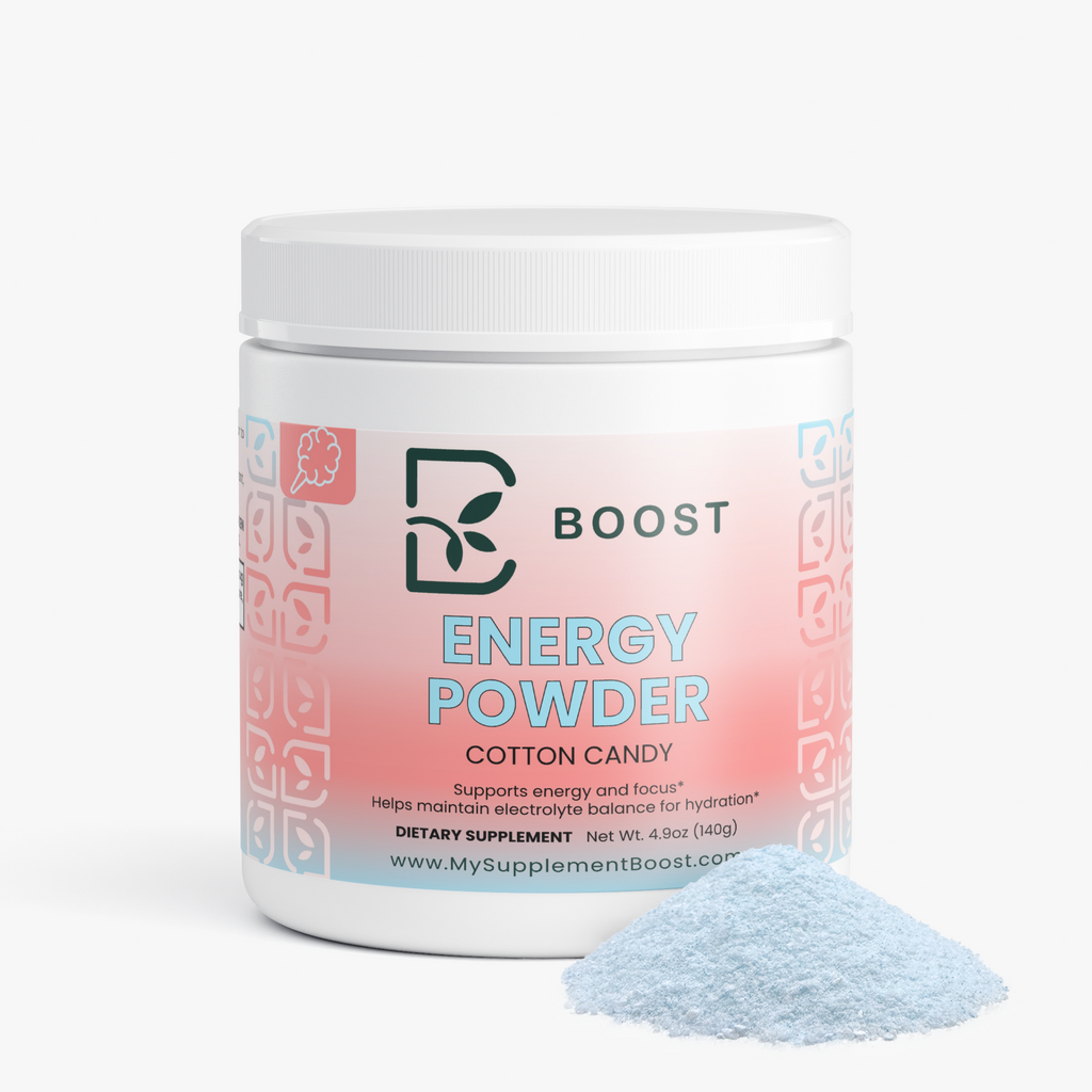 Energy Powder (Cotton Candy) tub beside a mound of the loose powder