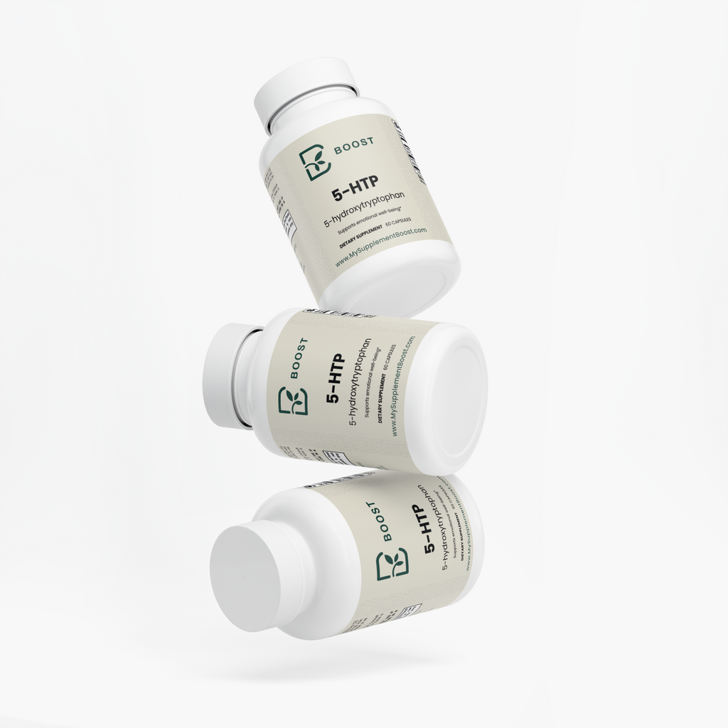 Several 5-HTP bottles stacked at angles on a plain background