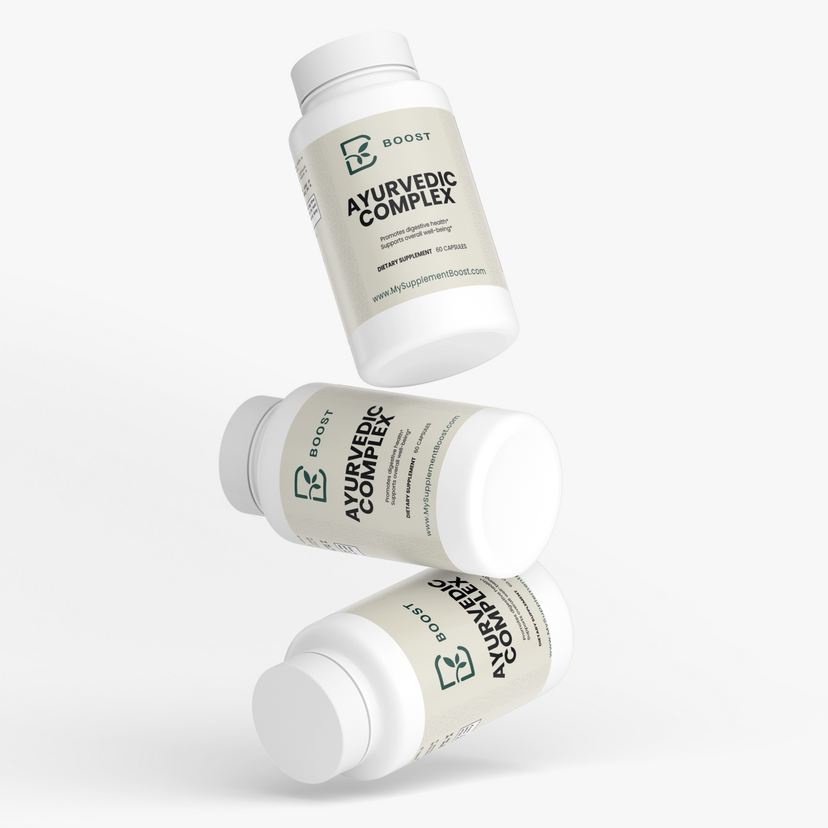 Several Ayurvedic Complex bottles stacked at angles on a plain background