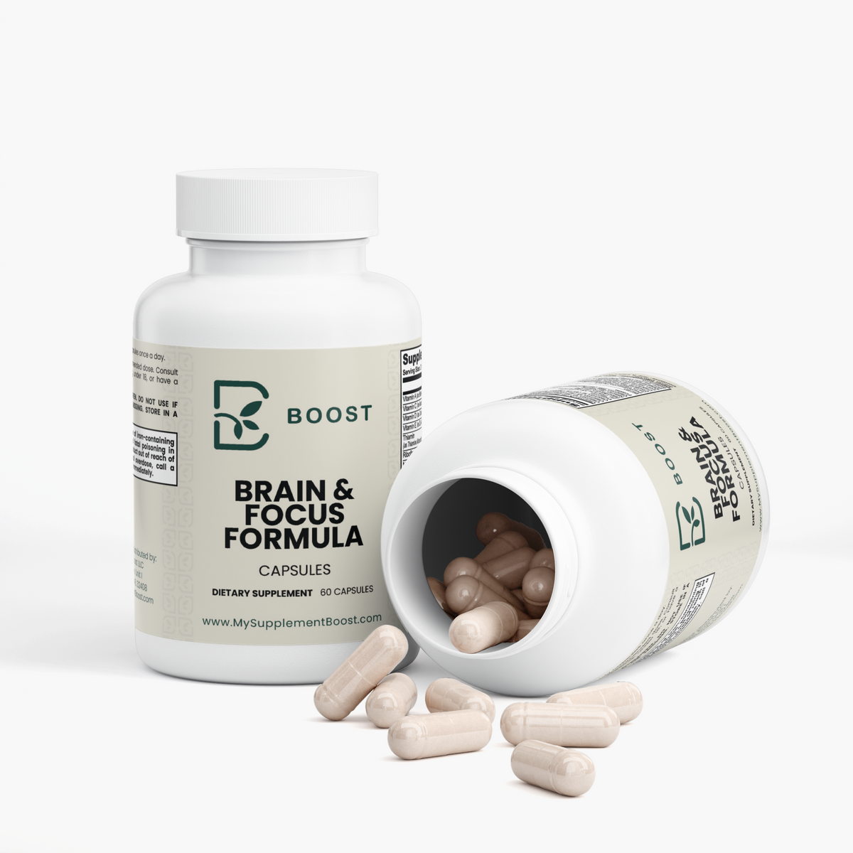 Brain & Focus Formula bottle tipped open with the capsules spilling out