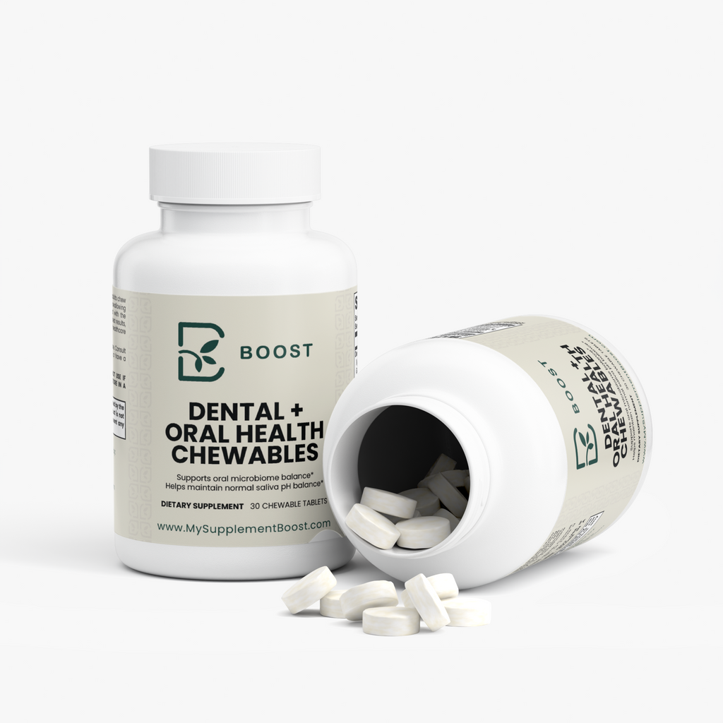 Dental + Oral Health Chewables jar tipped open with the chewable tablets spilling out