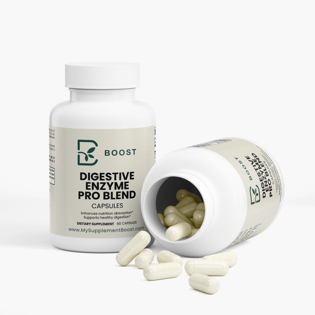 Digestive Enzyme Pro Blend bottle tipped open with the capsules spilling out