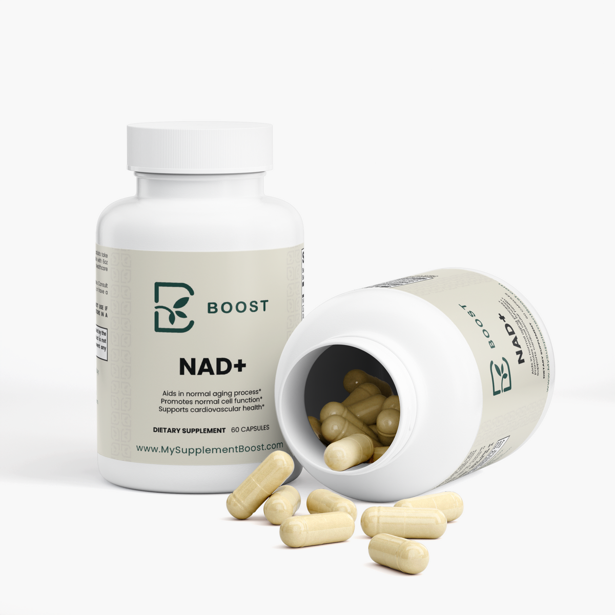 NAD+ bottle tipped open with the capsules spilling out