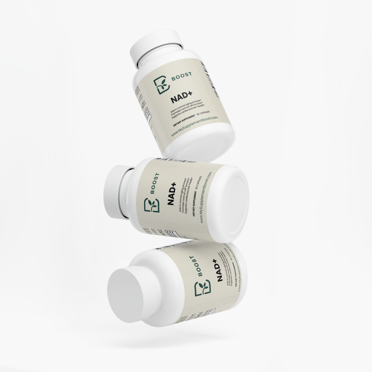 Several NAD+ bottles stacked at angles on a plain background