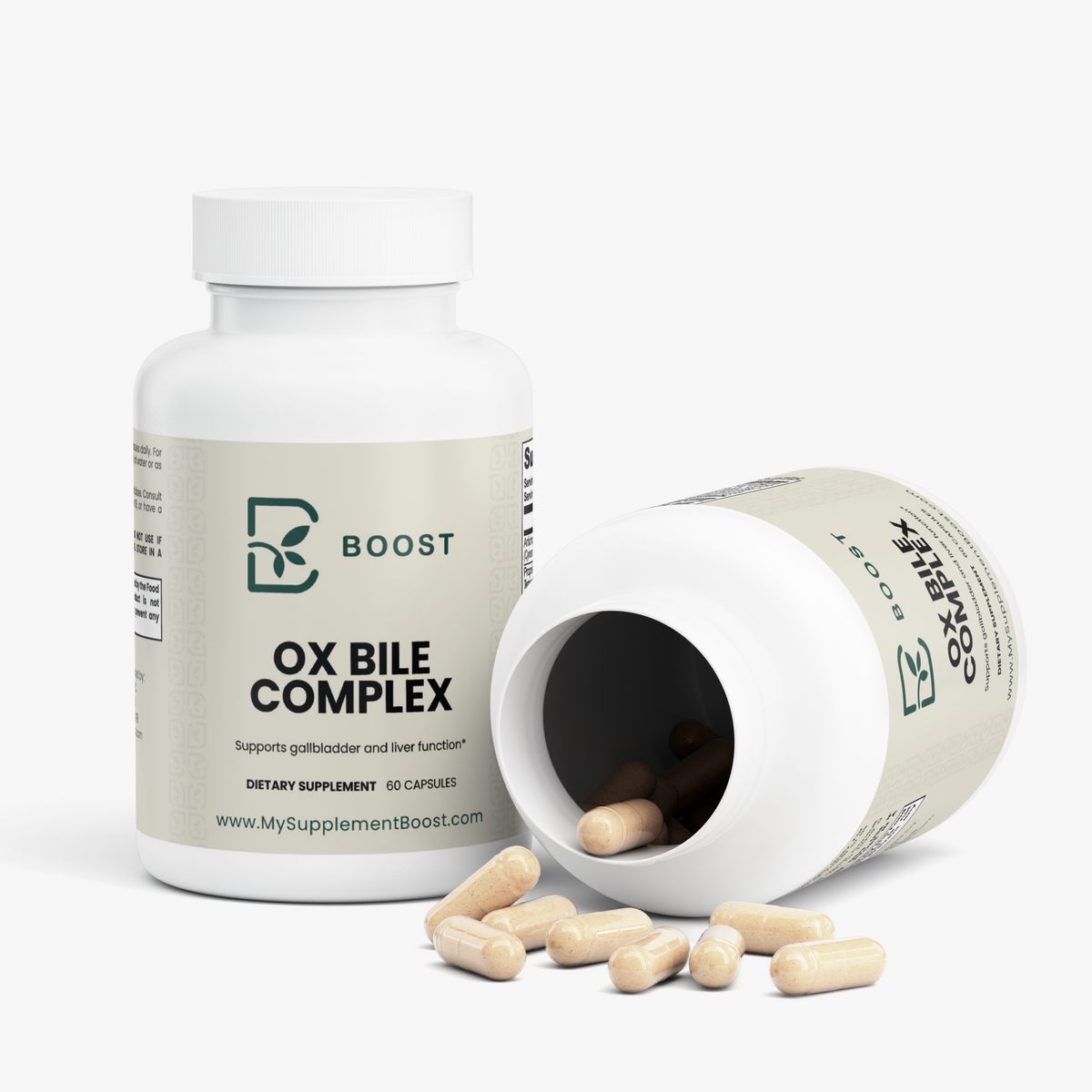 Ox Bile Complex bottle tipped open with the capsules spilling out