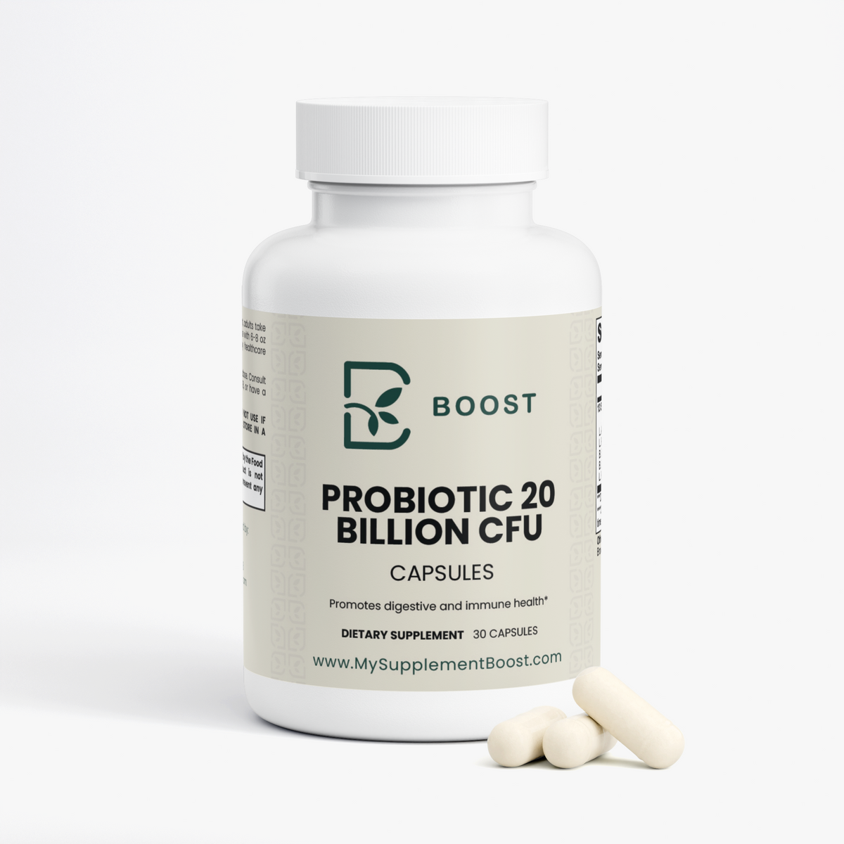 Probiotic 20 Billion bottle with a few capsules beside it