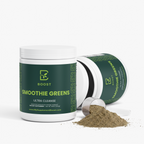Ultra Cleanse Smoothie Greens tub tipped open with the powder spilling out