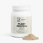 Plant Protein (Vanilla) tub beside a mound of the loose powder