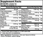 Supplement Facts panel for Energy Powder (Lychee Splash Energy), listing serving size, servings per container and the full ingredient list