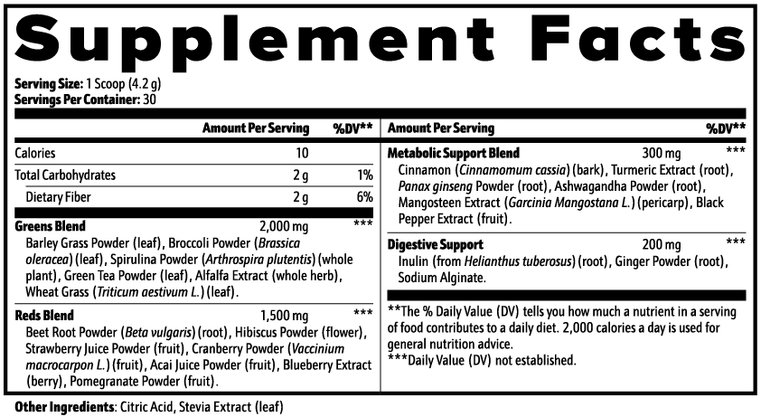 Supplement Facts panel for Greens Superfood, listing serving size, servings per container and the full ingredient list