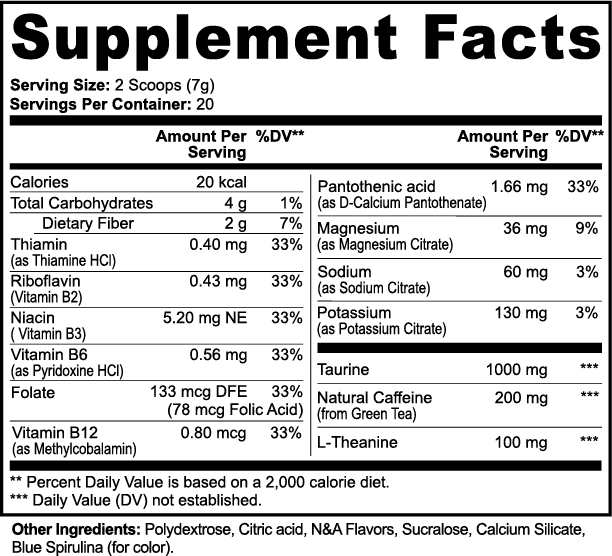 Supplement Facts panel for Energy Powder (Cotton Candy), listing serving size, servings per container and the full ingredient list