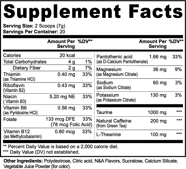 Supplement Facts panel for Energy Powder (Fruit Punch), listing serving size, servings per container and the full ingredient list