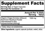 Supplement Facts panel for Chaga Mushroom, listing serving size, servings per container and the full ingredient list