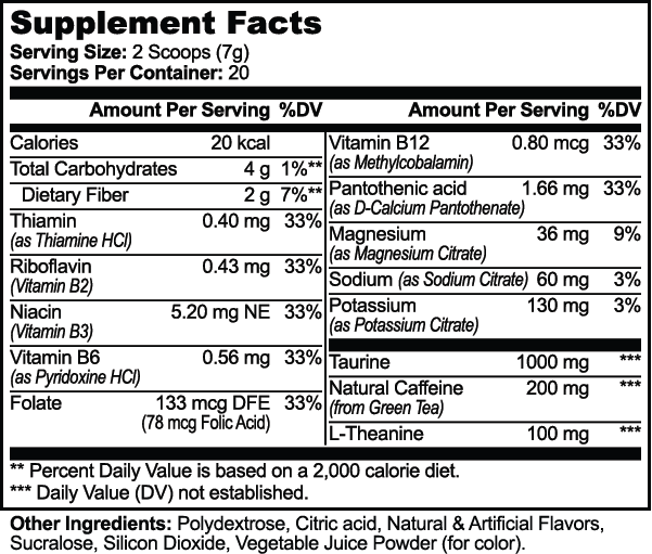 Supplement Facts panel for Energy Powder (Melon Creamsicle), listing serving size, servings per container and the full ingredient list