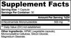 Supplement Facts panel for NMN, listing serving size, servings per container and the full ingredient list